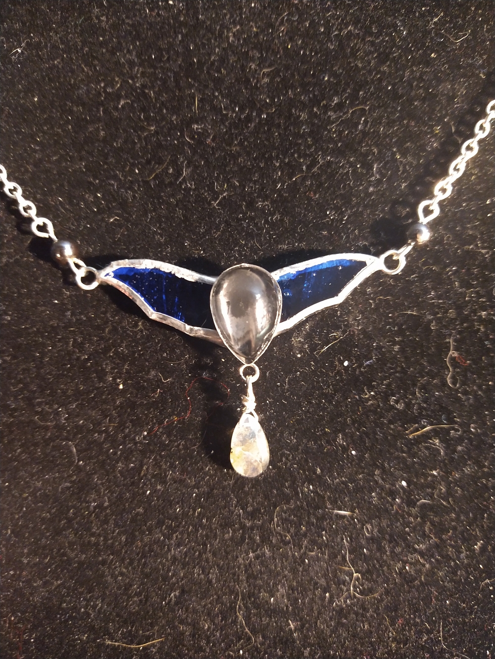 Blue Stained Glass Bat Pendant Necklace with Labradorite Teardrop